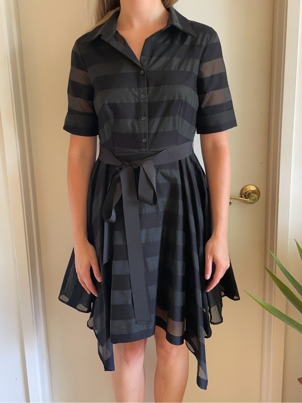 Black and grey striped collared funeral work dress buttons and bow
